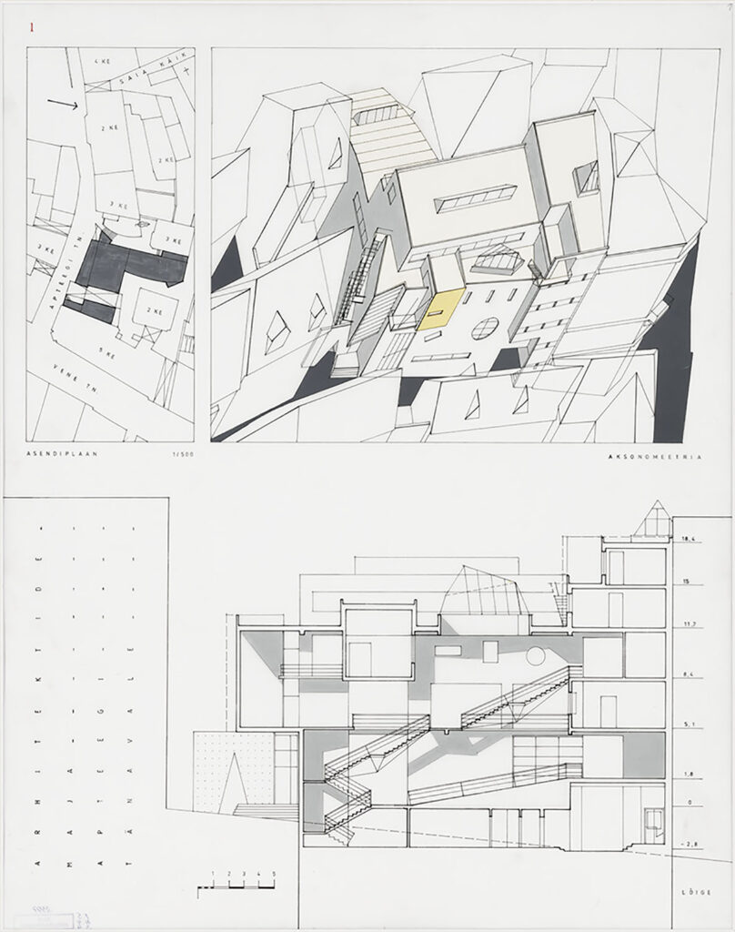 Site plan, axonometry and section.